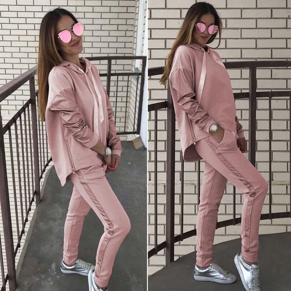 

womens casual zipper hoodies leisure stitching irregular sweater pants suit, White