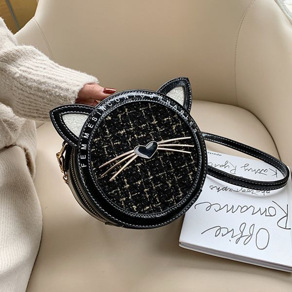 

2019 new round cute cat shoulder bag designer cotton and linen leather fashion handbag luxury chain ladies lattice messenger bag