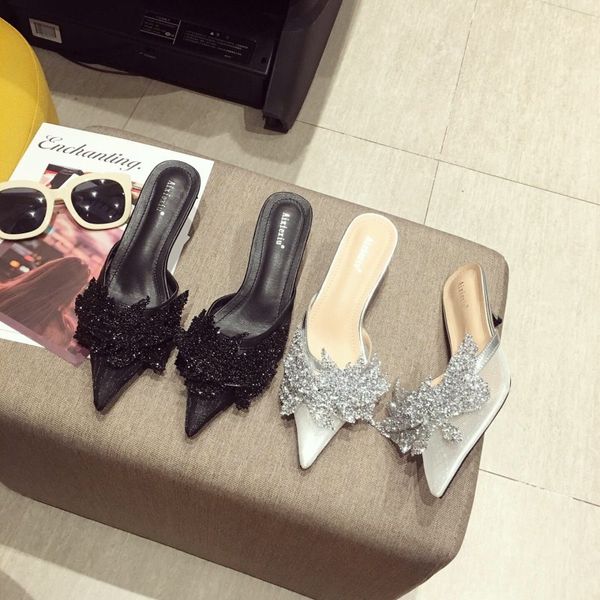 

butterfly-knot slippers casual thin heels med female shoes glitter slides shose women luxury 2020 jelly fashion basic fabric, Black
