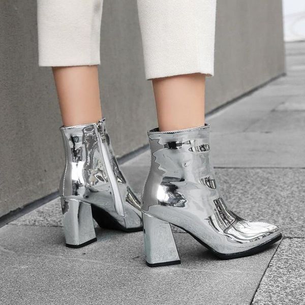 

boots us4-11 women glitter pointed toe ankle side zipper chunky high heel motorcycle shoes plus size gold sliver black c320