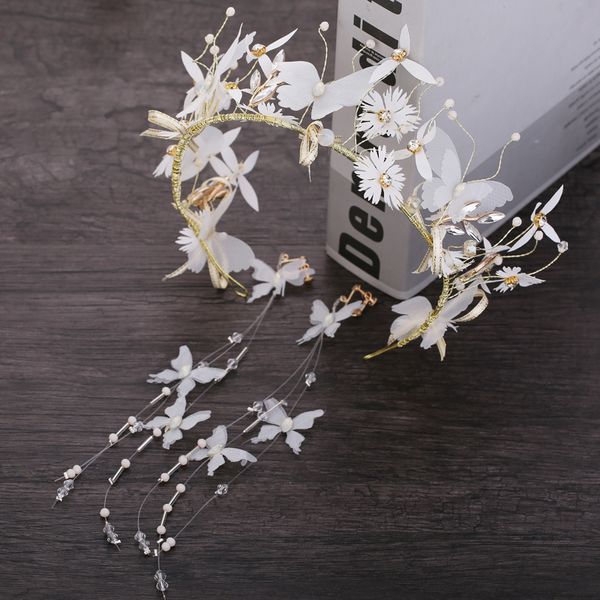 

handmade silk yarn flowers headwear crown headband earrings performance wedding hair ornaments bride hair ornaments, Golden;white
