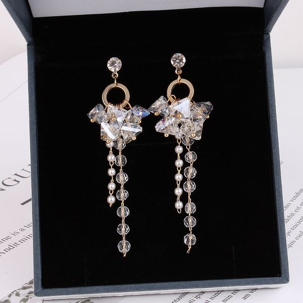 

2019 korean new triangle crystal beads long tassel earrings for women elegant simulated pearl drop pendientes brincos, Silver