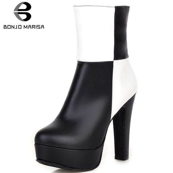 

bonjomarisa new 34-48 western concise platform booties ladies party mixed-color ankle boots women 2019 high heels shoes woman, Black