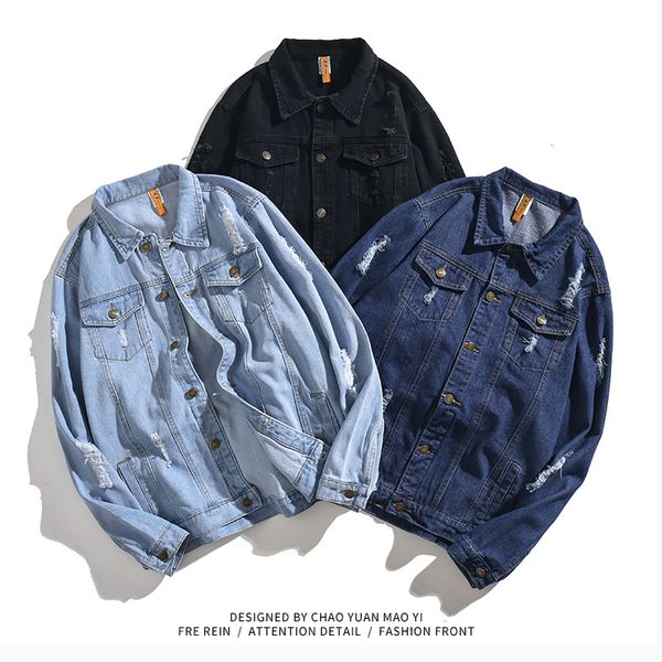 

new arrival men's denim jacket fashion new wild cool tide men's casual long-sleeved distressed denim fashion jacket coat s-3xl, Black;brown
