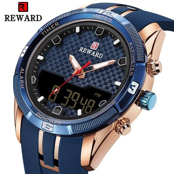 

reward new design men's watches silicone strap calendar men watch sport three-dimensional dial clock waterproof led watch, Slivery;brown