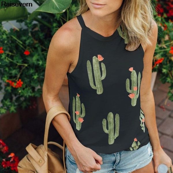 

new sleeveless black white t shirt women cactus print tees halter harajuku women tshirt tees female shirts camiseta