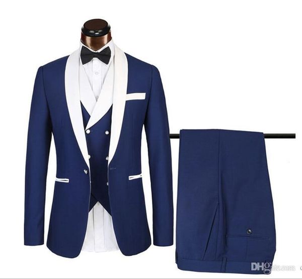 Mavi Erkekler Business Suit Üç Parçalı Takım Elbise Trim Damat İngiliz Düğün Custom Made Damat Ofis Ourfit Bir Düğme Giymek