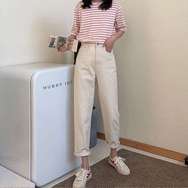 

white directly canister jeans woman easy 2019 thin leisure time broad leg haren nine part dad pants, Blue