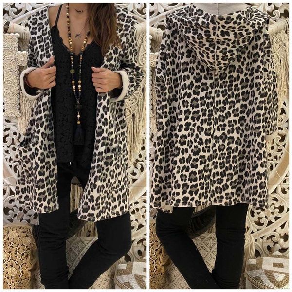 

fashion warm winter women leopard print jacket hooded coat leopard fur women's long coats jacket outwear, Black;brown