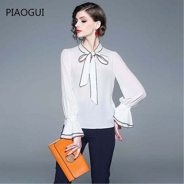 

2019 spring white chiffon blouse womens long sleeve bow neck casual ladies elegant shirts female blouses new arrival
