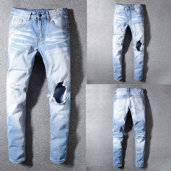 

fashion skinny jeans stretch casual pants new designer classical jeans men hole light blue color men