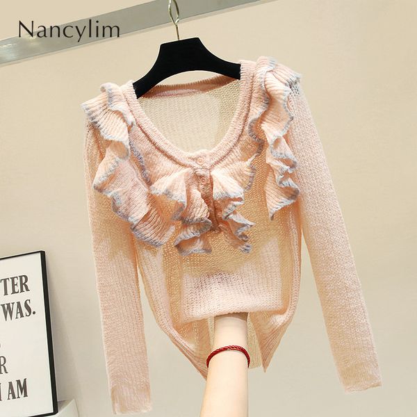 

pull sweater women 2019 new autumn lazy wind pullover ruffled v-neck loose bottoming sweater lady sweet jumper knitting shirt, White;black