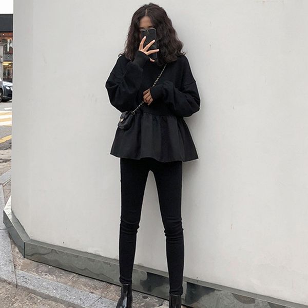 

casual female sweatshirts ladies round collar pullover womens long sleeve sweatshirt, Black