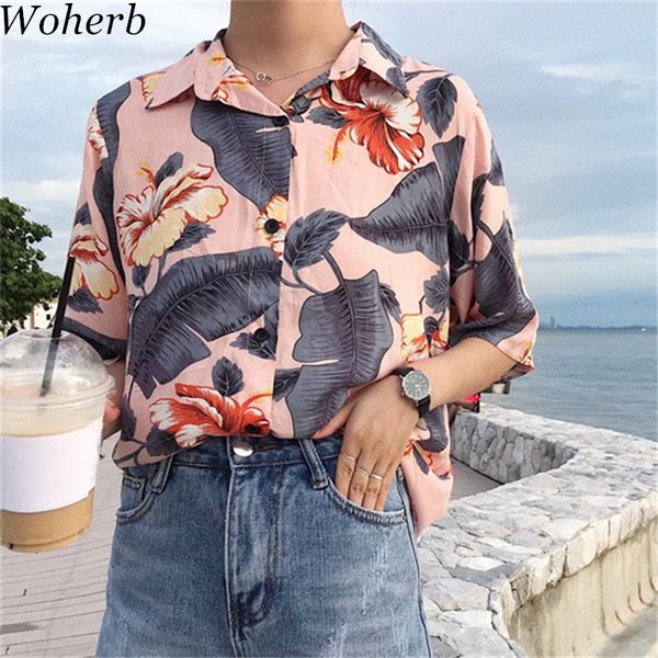 

woherb 2019 fashion summer flower print bohemian blouse shirts short sleeve casual korean blusas 75001, White