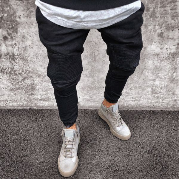 

2018 Men Distressed jeans pleated skinny biker trousers black blue jeans Denim Trousers For Male slim fit hip hop men pant