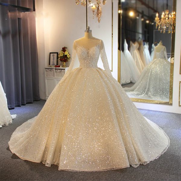 

luxury 2020 sequins ball gown wedding dresses sheer jewel neck lace up back long sleeve bridal gowns vintage plus size robes de mariÃ©e, White