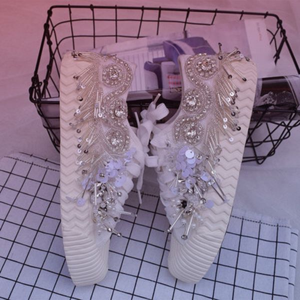 

2019 new lace casual shell head sneakers tassels rhinestone beaded sequin low water drill canvas women's small white shoes, Black