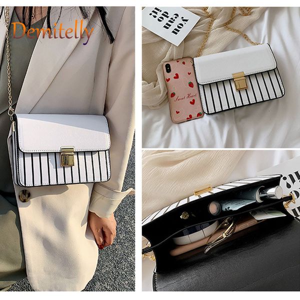 

fashion metal chain shoulder bag personality striped portable crossbody bag black and white wild women's small square wallet