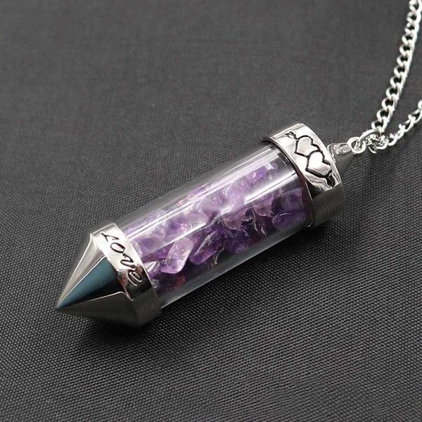 

stone chip wish bottle pendant with necklace for 7 chakra stones chain pyramid point pendulum healing dowsing reiki, Silver