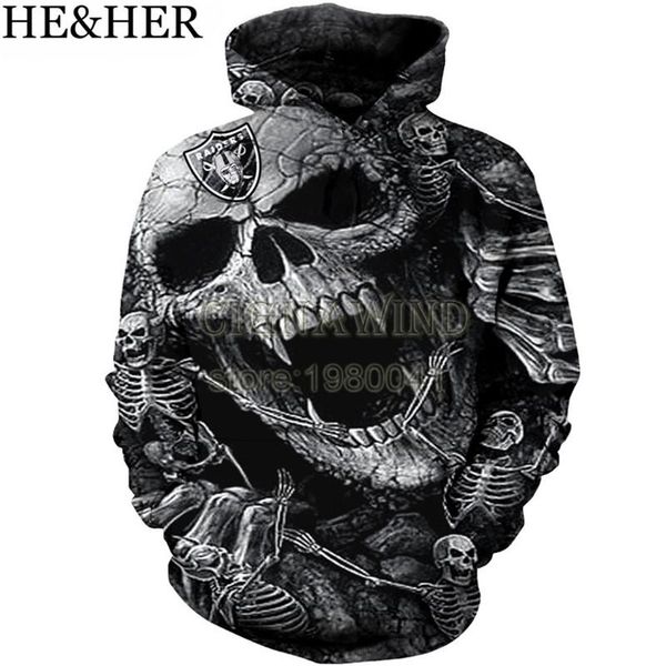 

new fashion oakland raider hoodies men/women sweatshirt hoodie cool skull printed 3d pullover hooded hip hop streetwear, Black