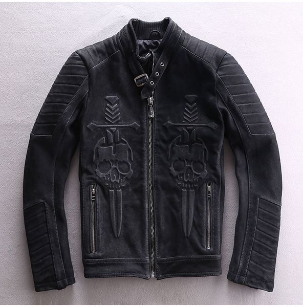 

fashion skulls genuine leather jacket men vintage black motorcycle jacket punk cool lapel slim fit real leather coat for men