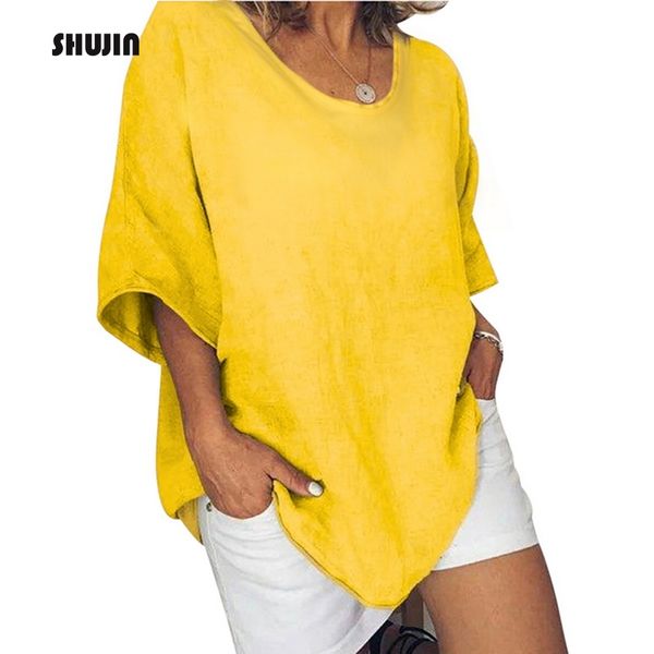 

shujin 2019 womens summer round neck batwing short sleeve loose tee shirt mujer solid relaxed fit casual homewear t-shirt, White
