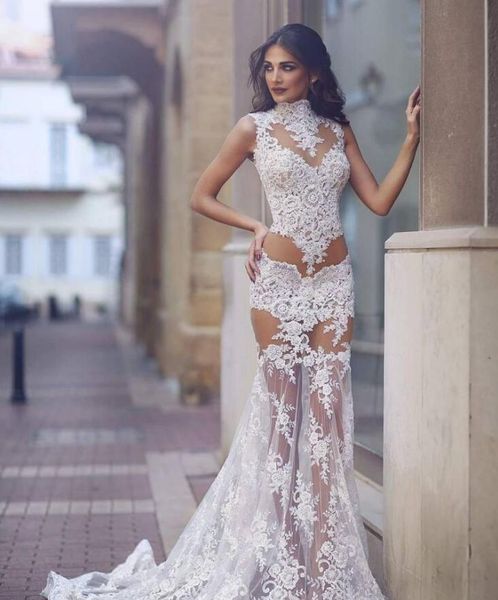 

summer 2020 transparent wedding dresses high neck mermaid lace illusion bodice sheer skirt long bridal wedding first night dresses, White