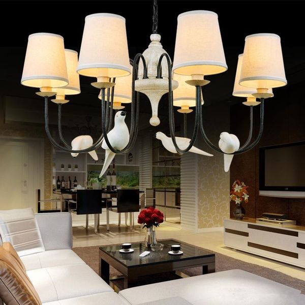 Cottage Bird Chandelier Living Room Stair Light Black Iron Retro Resin Country Style Flaxen Fabric Lampshade Lamp 110 220v Hanging Lights For Bedroom