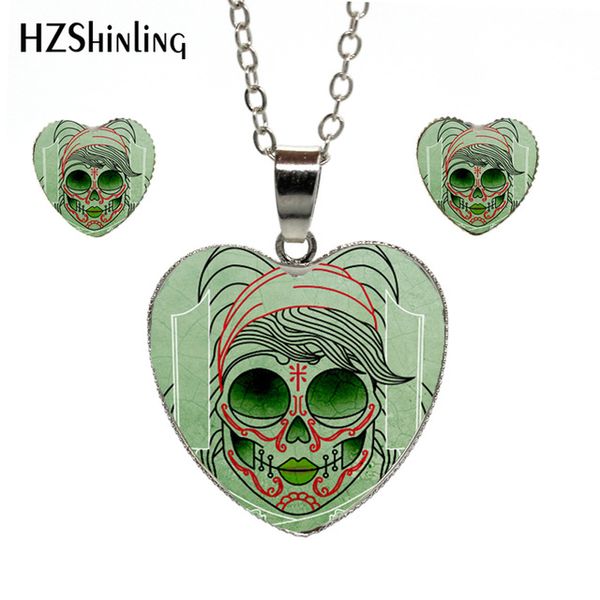 

selling trendy vintage mexican sugar skull heart pendant necklace silver color chain jewelry retro heart jewelry set, Slivery;golden