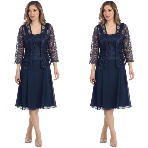 

2019 Navy Blue Chiffon Plus Size Long Sleeves Mother Of The Bride Dress With Jacket Formal Evening Gowns Tea Length Groom Mother dresses
