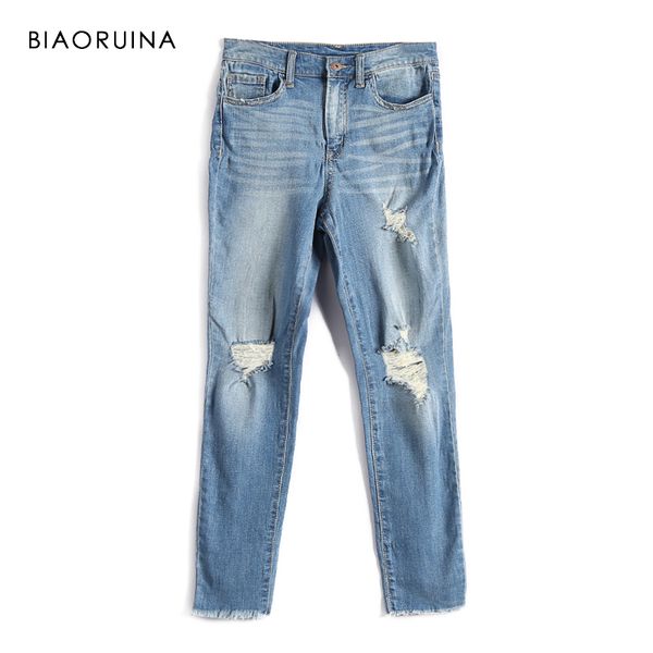 

biaoruina women fashion washing scratched denim jeans female casual holes jeans high street elegant spring new arrival, Blue