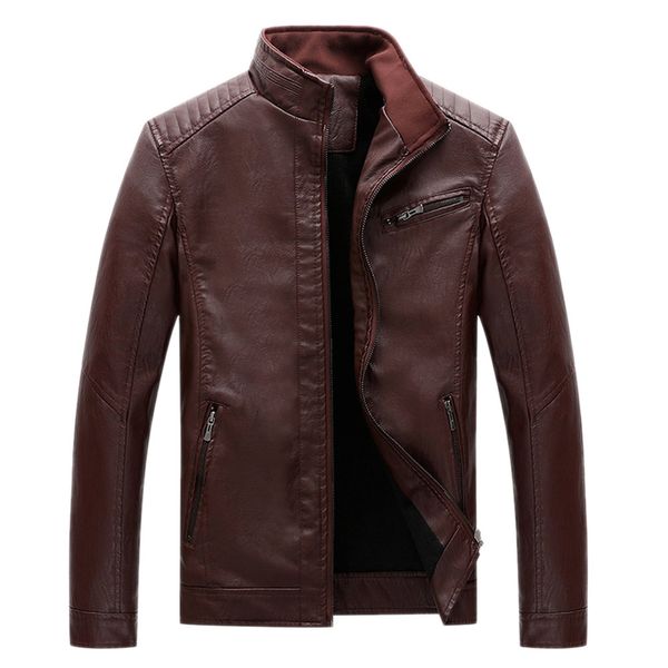 

pu leather jacket men coats -5xl brand fashion plush outerwear warm motorcycle stand collar zipper pockets, Black;brown
