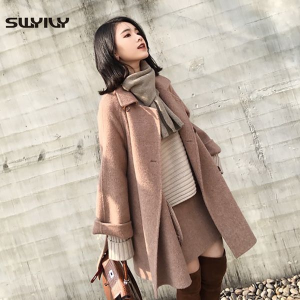 

swyivy woman woolen coats popular long design 2018 winter new female casual solid wool coat plus size xs-xxl woman wool outwear, Black