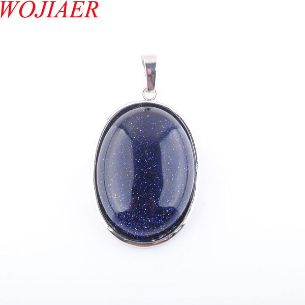 

wojiaer natural blue sand gem stone bead oval silver plated healing reiki chakra pendant necklace jewelry 1pcs dn3219