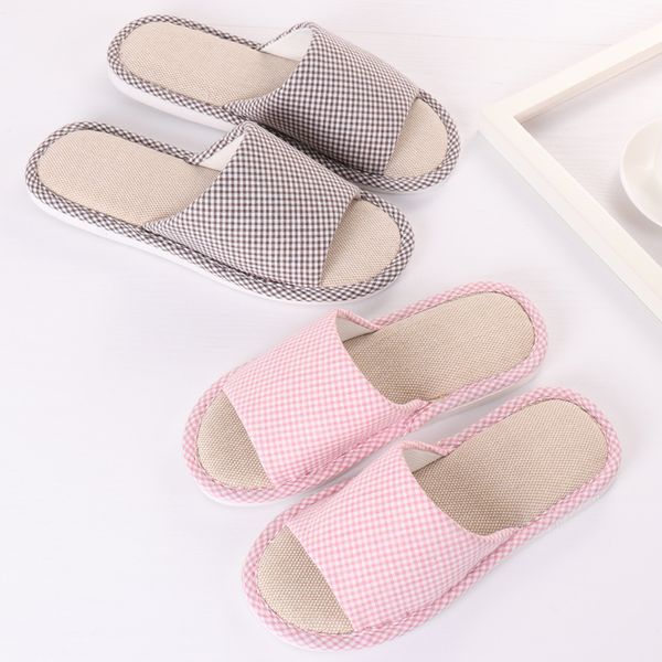 

non-slip cotton slippers plaid floor silent linen slippers casual home open toe 2019 summer shoes men beach sandals, Black