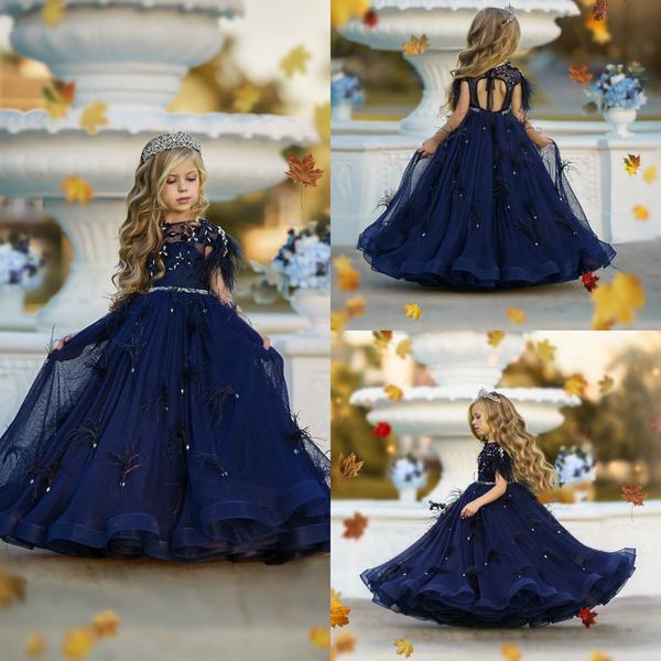 

2020 navy feather flower girl dresses for wedding lace crystal pearls first communion dress tulle custom made girls pageant gowns, White;blue
