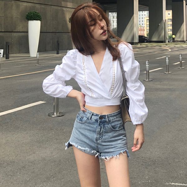 

hollow out white black blouse shirt women elegant lantern sleeve summer blouses female casual long sleeve autumn belt blusa