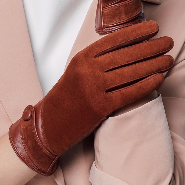 

velvet genuine leather gloves fashion women suede sheepskin glove thermal winter lining driving gloves nw563-5, Blue;gray