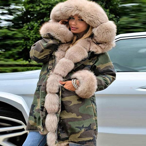 

camo faux fur coat women camouflage jacket winter hooded fishtail long sleeve overcoat faux fur coat women camouflage jacket #t, Black