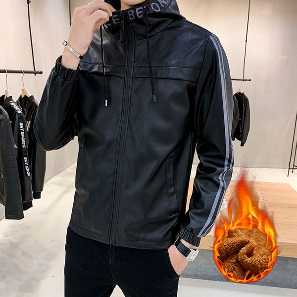 

new arrival autumn winter hooded jacket motorcycle leather jacket for men, Black
