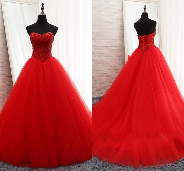 2019 Vermelho Quente Strapless Doce 16 Vestidos De Cristal Frisado Pérolas Aberto Para Trás Lace-up vestido de Baile Vestidos de Formatura Vestido 8ª Série Do Partido