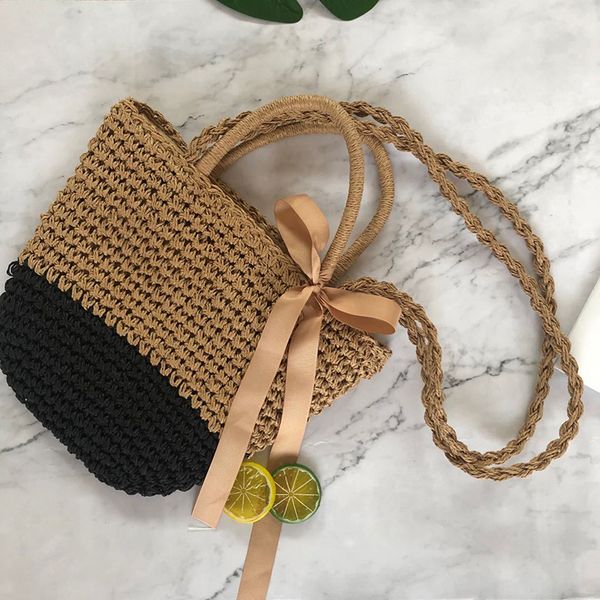 

2020 women ribbon bow summer straw weave shopping beach holiday bag lady bow casual bucket knitting handbags tote shoulder bag