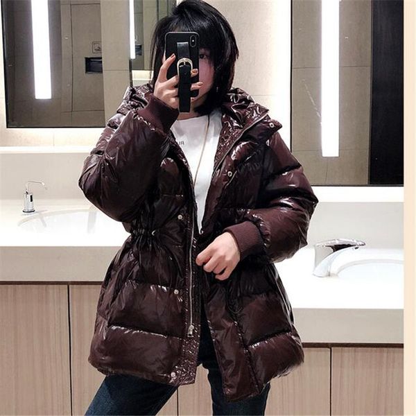 

glossy parkas new women's fabric drawstring hooded downjacket coat, Black