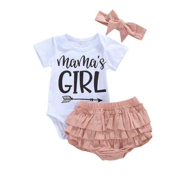 

clothing sets born infant baby girls boys clothes mama girl print ruffles sleeve romper shorts headband 0-18m, White