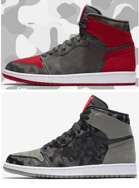 

1s camo 3m reflect basketball shoes men 1 high camouflage red grey sports sneakers with shoes box, Black