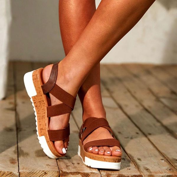 

women wedges shoes women sandals 2020 summer casual open toe shoes femme platform cork elastic strap sandals #5.21, Black