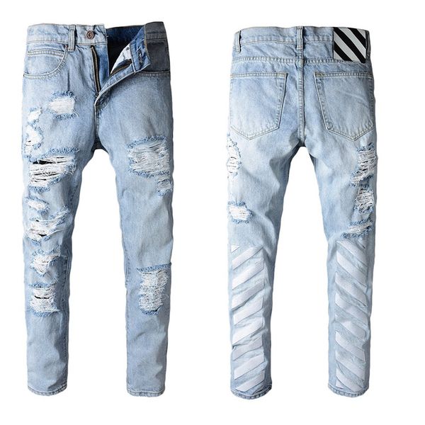 

fashionable designer light-colored jeans worn out beggar cowboy stretch slim slim rock hip-hop simple men's straight denim, Blue