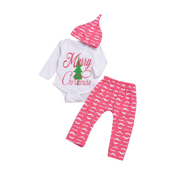 

INS baby Romper + Pants + hat Merry Christmas 100% cotton O neck long Sleeve clothes 3 pieces as one sets wholesale