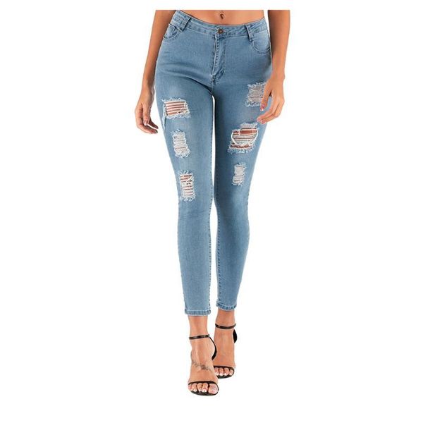 

washed denim skinny pencil pants pocket wild slim fit tight pants hole high waist jeans woman high elastic jeans female mg5, Blue