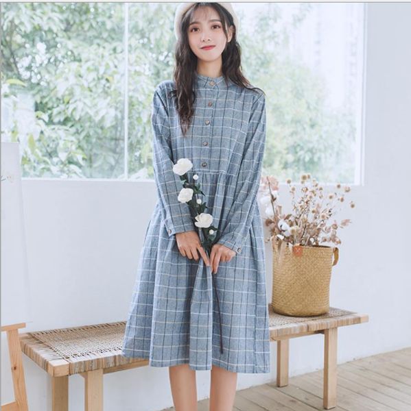 

2020 new spring mori girl women sweet dress stand collar vintage plaid loose dress long sleeve cotton elegant korea pv278, Black;gray